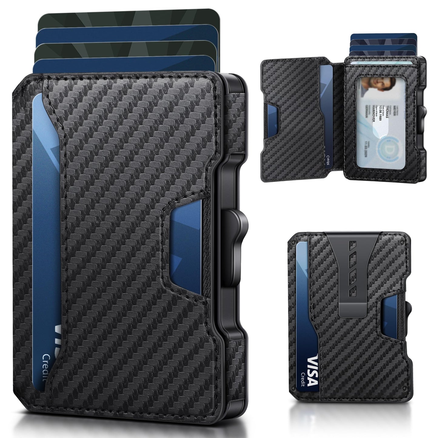 Airzoo Wallet for Men, RFID Blocking Slim Mens Wallet with Money Clip, Minimalist Pop Up Card Case, ID Window, 9-11Cards Capacity, Bifold Leather Front Pocket Wallet with Gift Box (Black-Carbon Fiber)