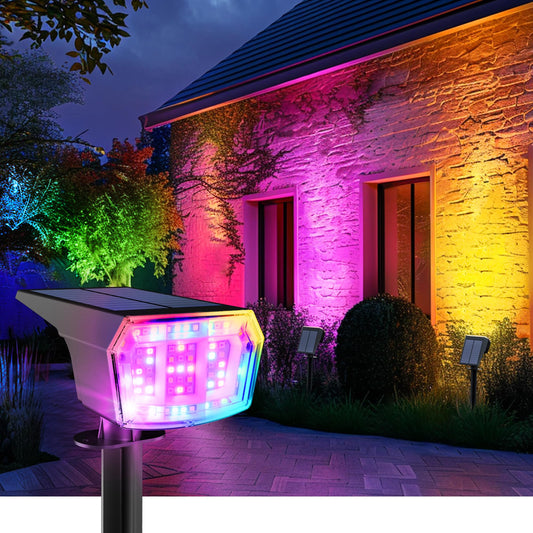 AUDERWIN Color Changing Solar Spot Lights Outdoor, 9 Lighting Modes Colored Solar Lights Outdoor RGB, Color Light Waterproof IP65, Landscape Spotlights for Halloween Christmas Decorations