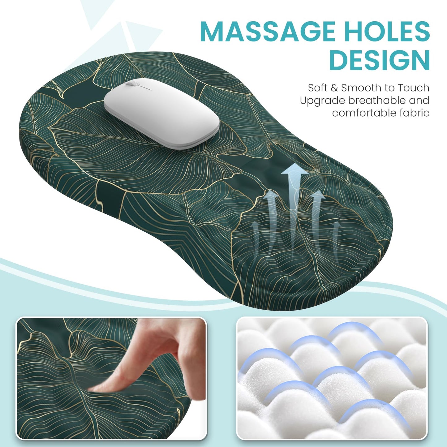 AnyShock 4 in 1Desk Mat for Keyboard and Mouse, Ergonomic Green Mouse Pad with Memory Foam Wrist Rest, Large Desk Pad Mat, Soft Wrist Support for Keyboard (Palm Leaves)