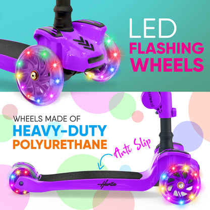Hurtle Kids Scooter - Child Toddler Kick Scooter Toy with Foldable Seat - 3 Wheel Scooter with Adjustable Height, Anti-Slip Deck, Flashing Wheel Lights, for Boys/Girls 1-12 Year Old, Purple