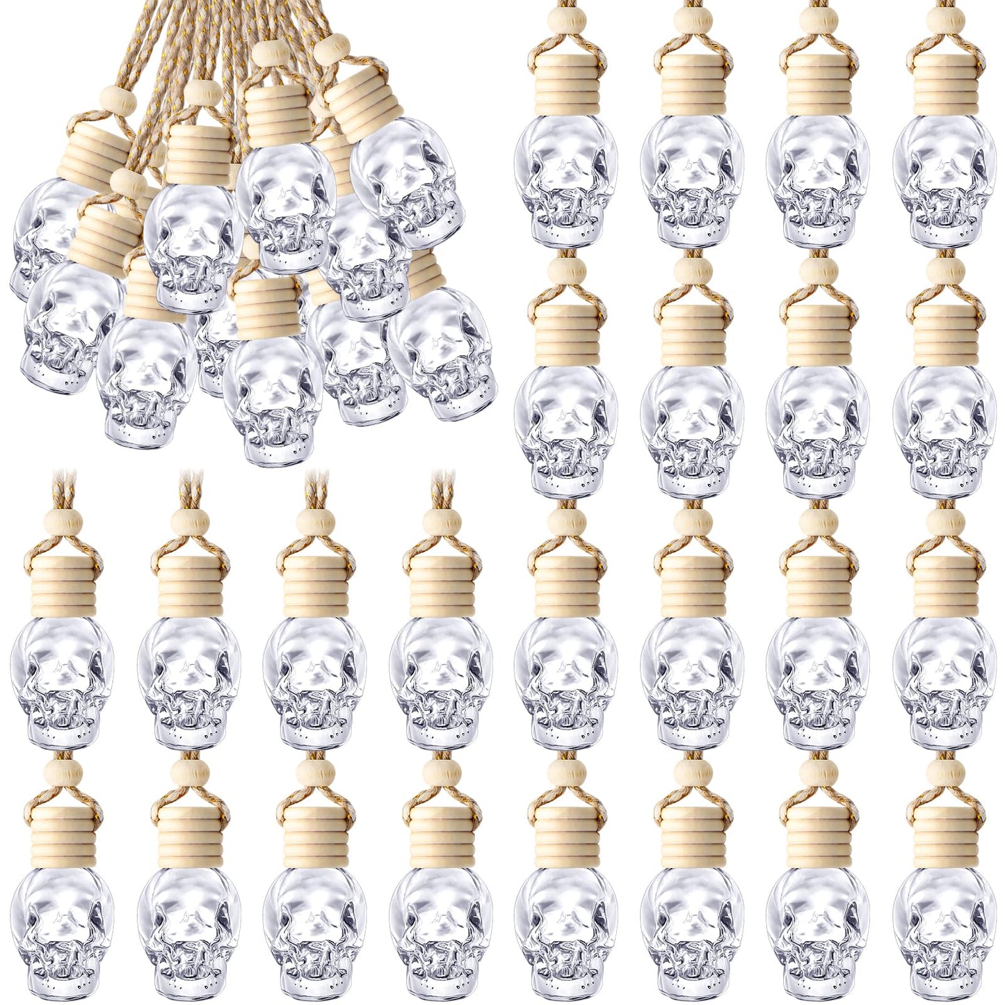 BBTO 50 Pcs Hanging Car Air Freshener Car Diffuser Bottles Empty Glass Perfume Bottle Freshener Diffuser Bottle Pendant for Essential Oil Fragrance Aromatherapy Bottle Ornament(Skull)