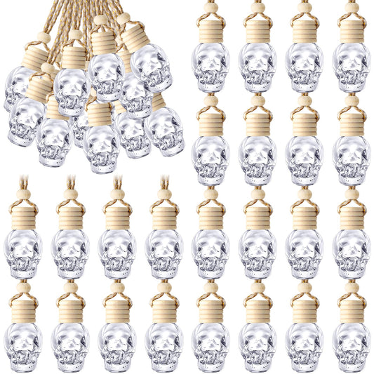 BBTO 50 Pcs Hanging Car Air Freshener Car Diffuser Bottles Empty Glass Perfume Bottle Freshener Diffuser Bottle Pendant for Essential Oil Fragrance Aromatherapy Bottle Ornament(Skull)