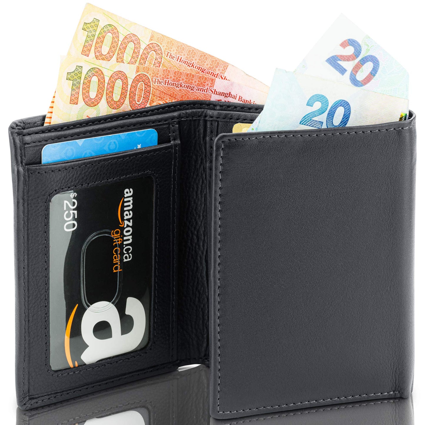 ID Stronghold Men's Leather Trifold Wallet - RFID Blocking - Black Wallet with Gift Box