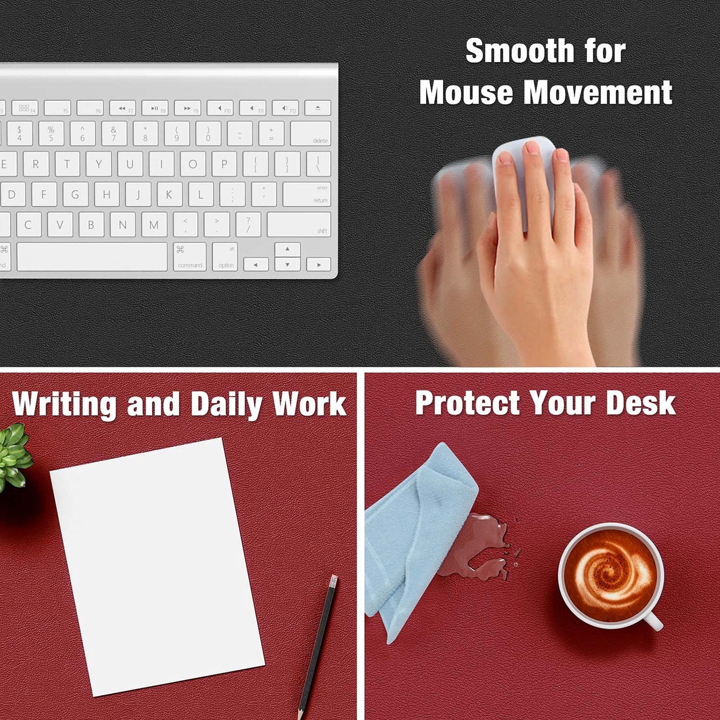 Hsurbtra Desk Pad, 31.5" x 15.7" Dual Side PU Leather Desk Mat, Waterproof Non-Slip Desktop Blotter Protector, Large Mouse Pad for Laptop Keyboard Office Home, Black and Red