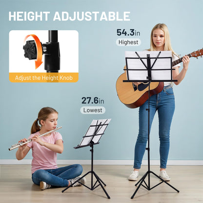 CAHAYA Portable Sheet Music Stand: Dual Use Desktop Book Holder Folding Lightweight Extra Stable Reinforced with Carrying Bag and Clip for Students Musicians Height Adjustable up to 54.3" CMS0204
