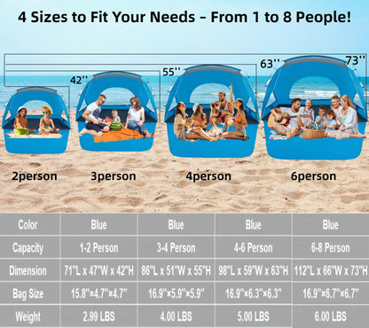 Beach Tent, Portable Sun Shelter for 2/3/4/6-8 Person with UPF 50+ UV Protection, Easy Setup Waterproof Beach Shade Canopy Cabana for Family Outdoor and Picnics, Fishing with Carrying Bag