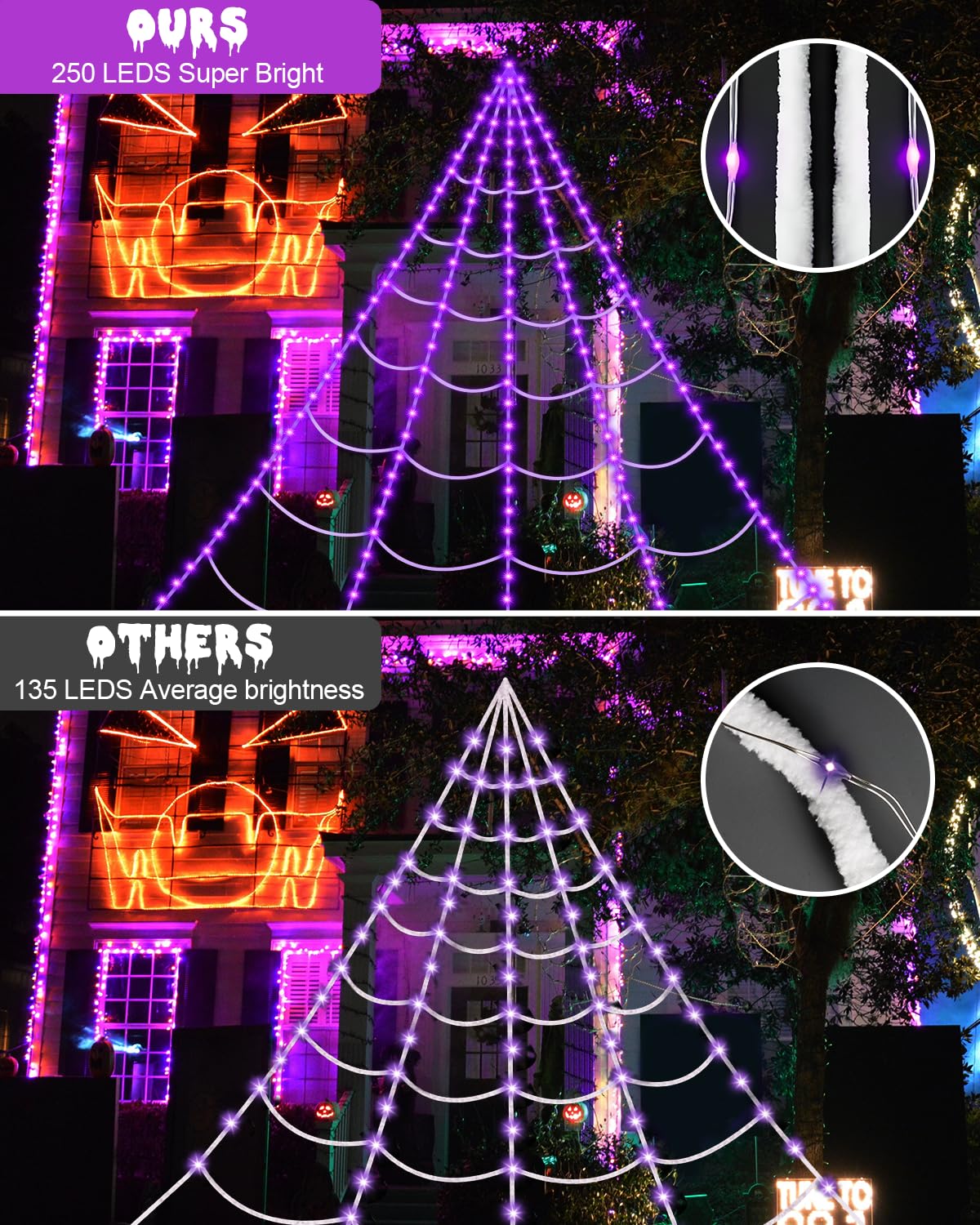 Brighter Spider Webs Halloween Decorations Lights,250 Purple LED Light Up,8 Modes 16.4Ft Giant Spiderweb with Remote Control,48'' Giant Spider,Halloween Decor for Yard Outside