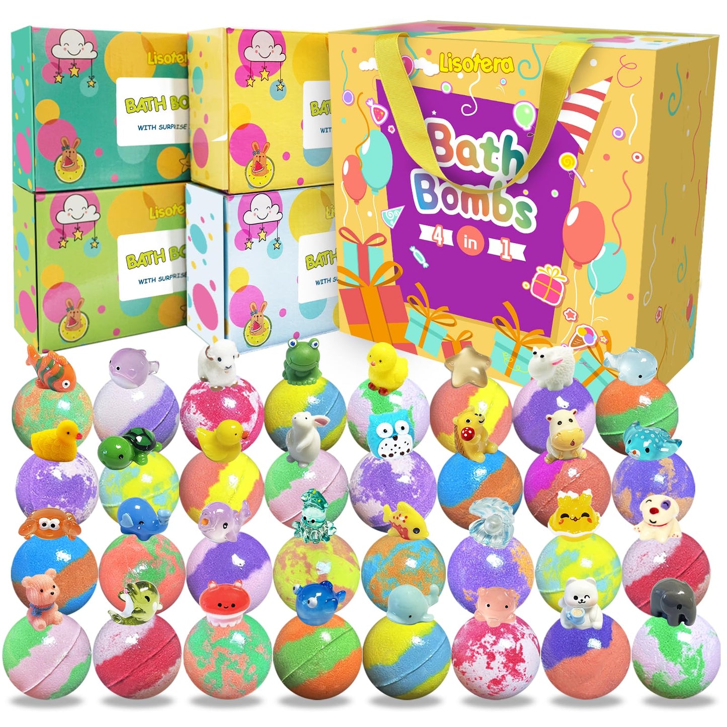 Bath Bombs for Kids with Surprise Inside, 32 Pack Bath Bombs with Land & Sea Animal Toys, Handmade Fizzy Bubble Children Bath Ball Gift Set for Kids Birthday, Christmas, Mothers Day Gifts for Daughter