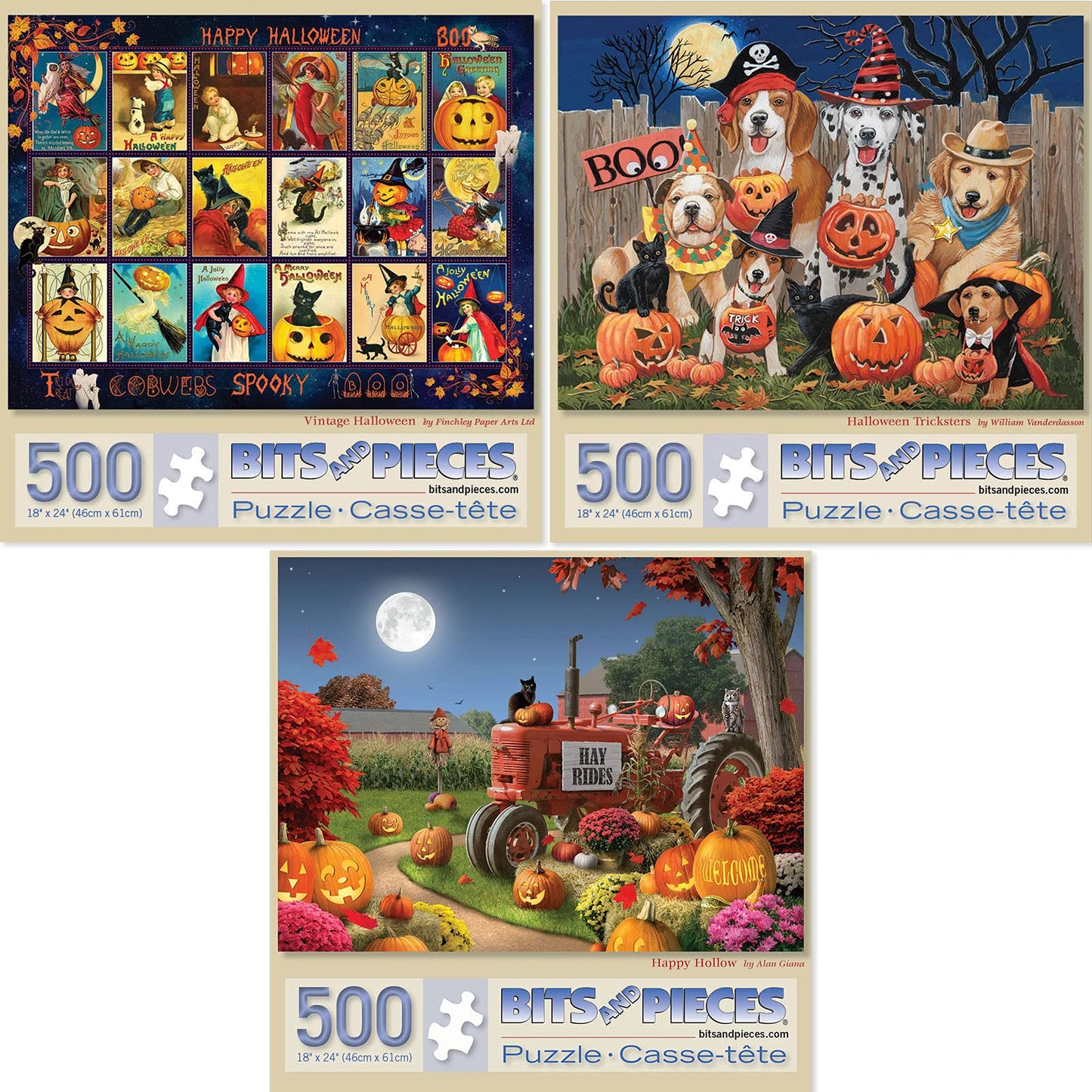 Bits and Pieces - Value Set of (3) 500 Piece Jigsaw Puzzles for Adults - Each Puzzle Measures 18" x 24" - 500 pc Large Piece Halloween Jigsaws by Artist Various Artists