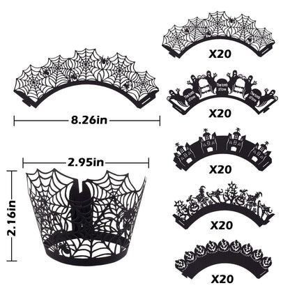 Whaline 100 Pcs Halloween Cupcake Wrappers, Artistic Bake Paper Cups Black Laser Cut Cupcake Liners Cake Decoration for Halloween Theme Party