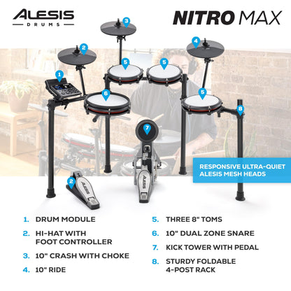 Alesis Nitro Max Kit Electric Drum Set with Quiet Mesh Pads, 10" Dual Zone Snare, Bluetooth, 440+ Authentic Sounds, Drumeo, USB MIDI, Kick Pedal
