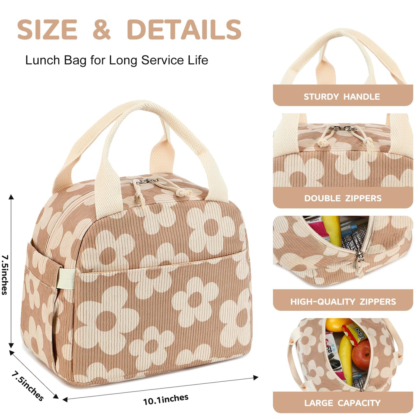 Bluboon Lunch Bag for Women Men Cute Corduroy Lunch Tote Bags Reusable Insulated Lunch Box Large Capacity Reusable Insulated Cooler for Work Picnic or Travel