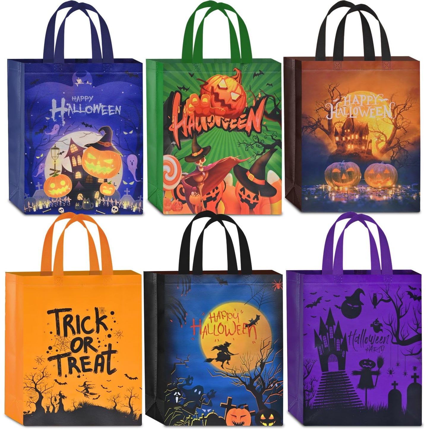 AhfuLife 6 Pcs Halloween Trick or Treat Bags, Large Candy Tote Bags with Handles, Reusable Non-Woven Gift Bag for Halloween Party Supplies Favors (15×11.8×3.9’’)