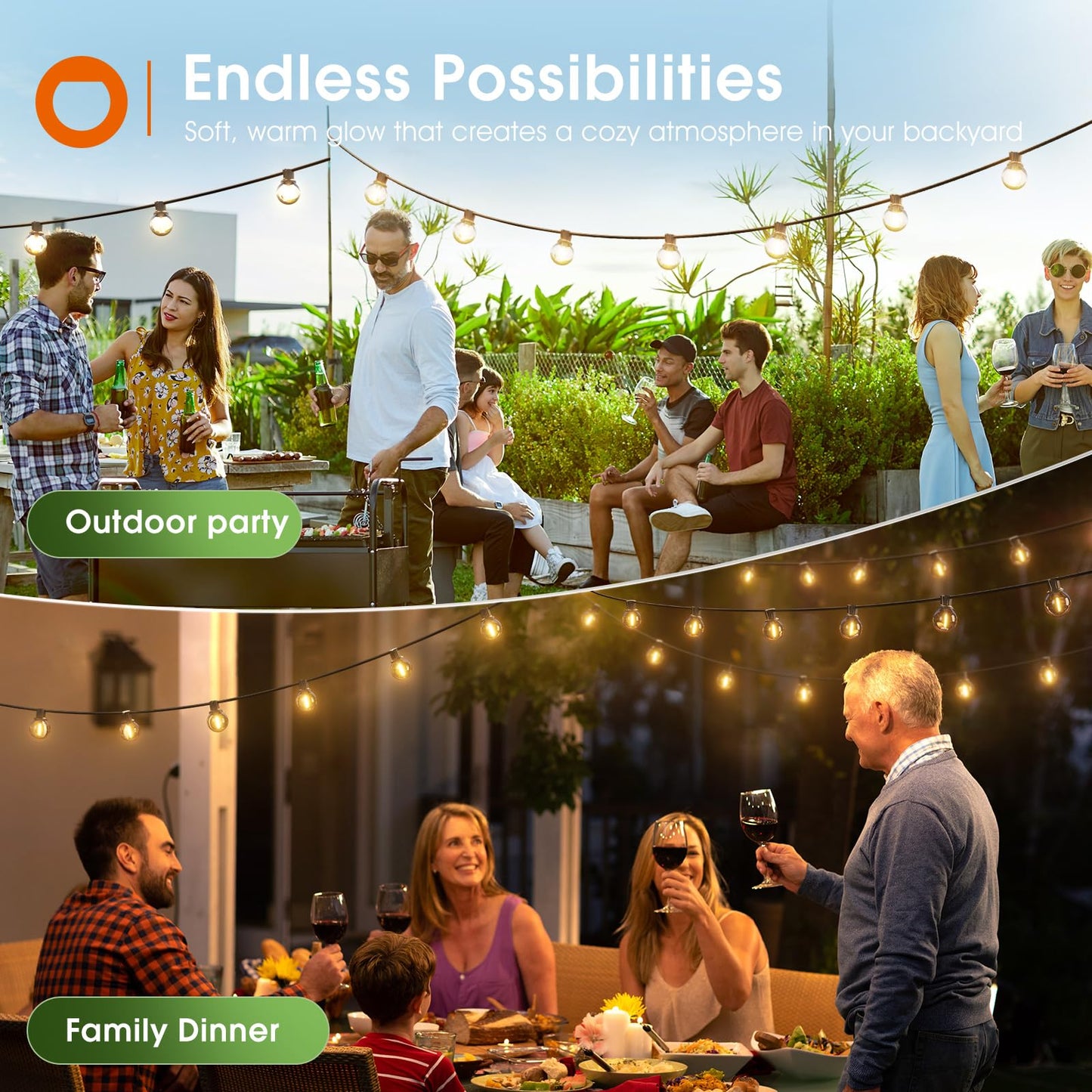 addlon 56FT(50+6) Solar String Lights Outdoor with Remote, 27 Shatterproof G40 Bulbs, Solar Powered & USB Charging Patio Lights, Dimmable Waterproof Solar String Lights for Outside, Camping, Backyard