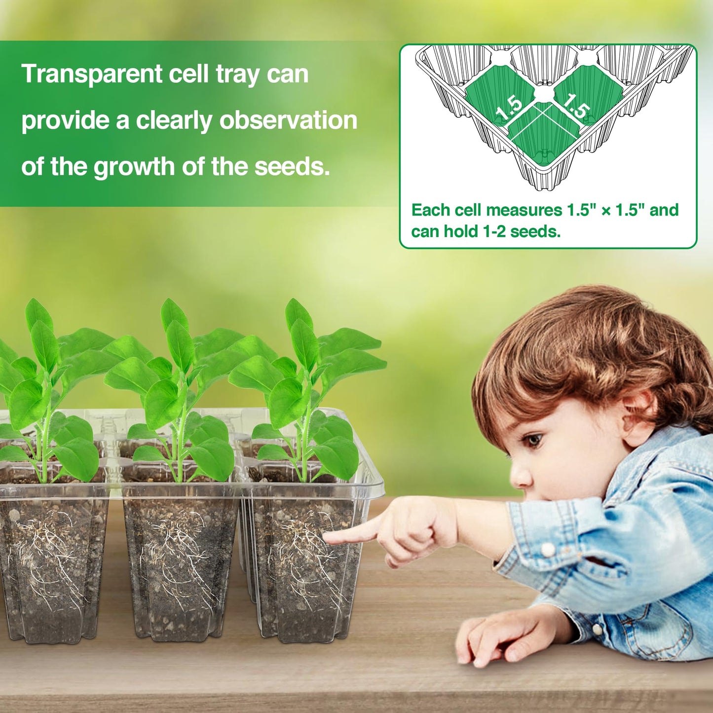 Bonviee 5 Packs Seed Starter Tray with Grow Light, Elevated Seedling Starter Trays Kits with Adjustable Humidity Domes and Clear Cell Tray, 12 Full Spectrum led lamp Beads for Plants Indoor-Clear