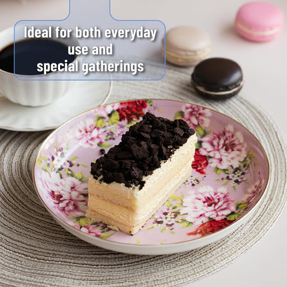 BTaT- Porcelain Floral Dessert Plates, 8 inch, Set of 6, Deep Plates, Porcelain Bone China, Appetizer Plates, Floral Plates, Salad Plates, Small Plates Set, Small Dishes