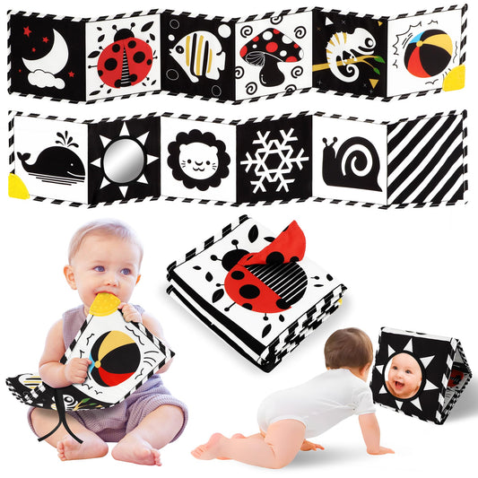 High Contrast Baby Book with Teether, Black and White Baby Book, 0-6-12 Months Soft Book for Newborn, Sensory Books, Montessori Learning Activities for Babies, Easter Basket Stuffer