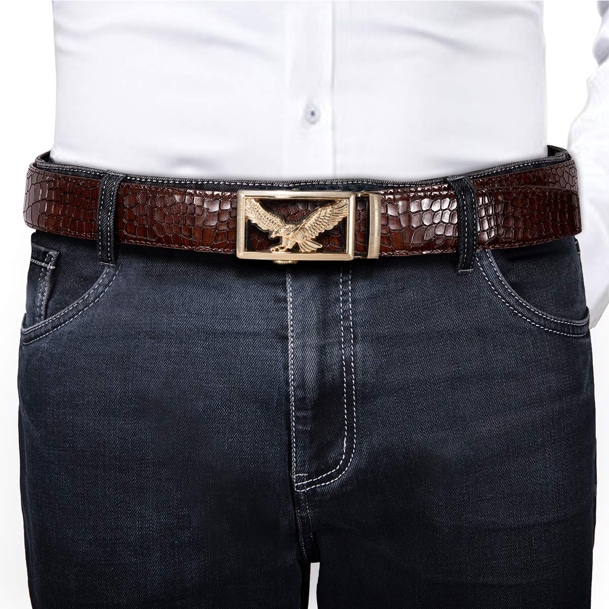 Barry.Wang Mens Burgundy Belt Genuine Leather with Gold Eagle Buckle Design Wedding Luxury Gift Adjustable