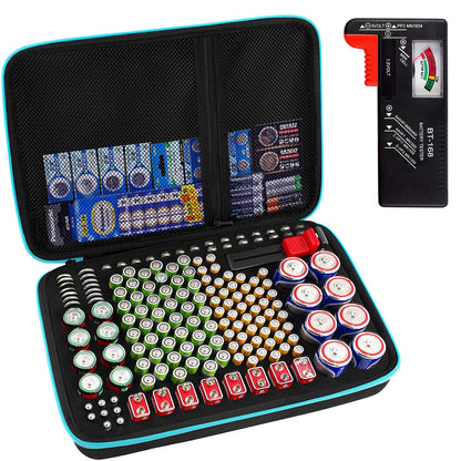 Battery Organizer Storage Case Box with Tester Checker, 220+ Batteries Holder Bag fits for AA AAA AAAA 9V C D Lithium 3V LR44 1.5V CR1632 CR2032 Home Garage Container