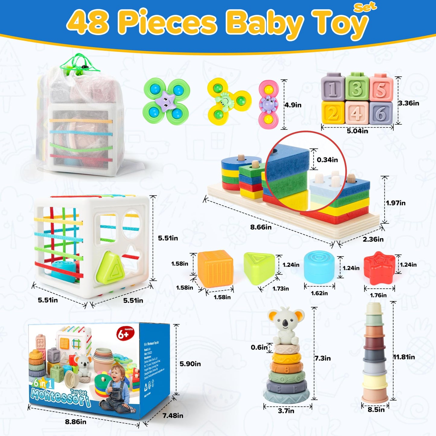 6-in-1 Baby Toys 6 to 12 Months, Montessori Toys for Babies 6-12-18 Months, Infant Teething Toy Stacking Blocks Rings Sensory Bin, Sorting Sensory Educational Learning Gift for Toddlers Aged 1-3