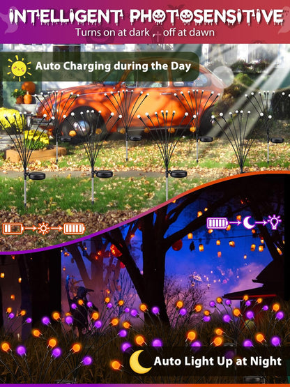 Albelt Halloween Decorations Outdoor, 6 Pack Solar Firefly Lights Outdoor, 48 LED Solar Halloween Lights, Waterproof Swaying Garden Light (Sway by Wind) for Outside Pathway Decor (Orange and Purple)