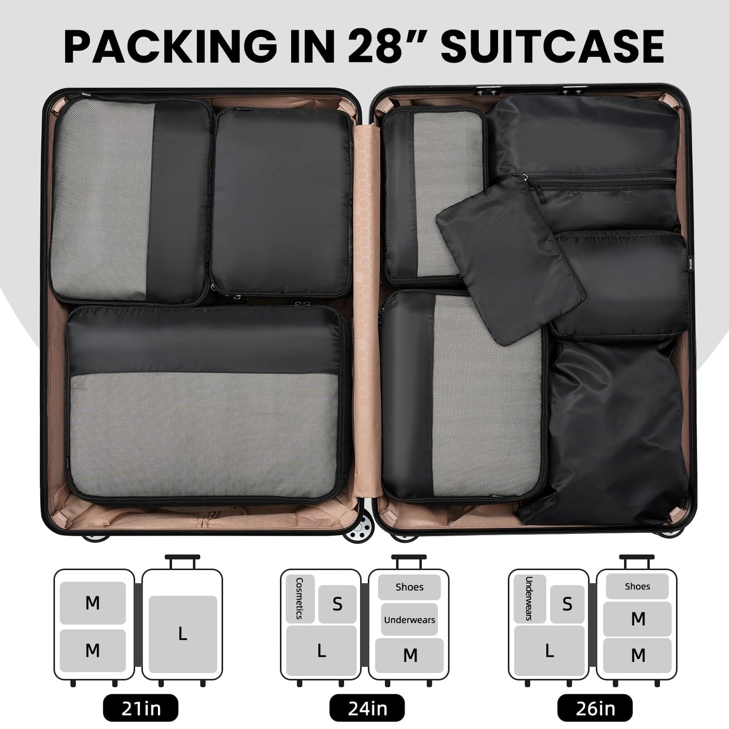 BAGAIL 8 Set/9 Set Packing Cubes Luggage Packing Organizer for Travel, Suitcase Packing Bags for Travel Accessories(Black, 9 Set)