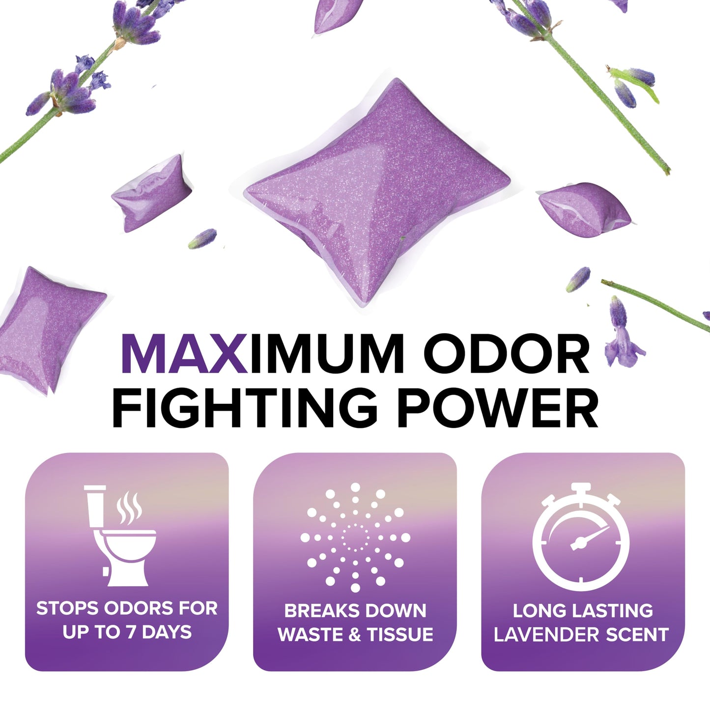 Camco TST MAX RV Toilet Treatment Drop-INs - Control Unwanted Odors and Break Down Waste and Tissue - Septic Tank Safe - Lavender Scent - 30-pack (41553)