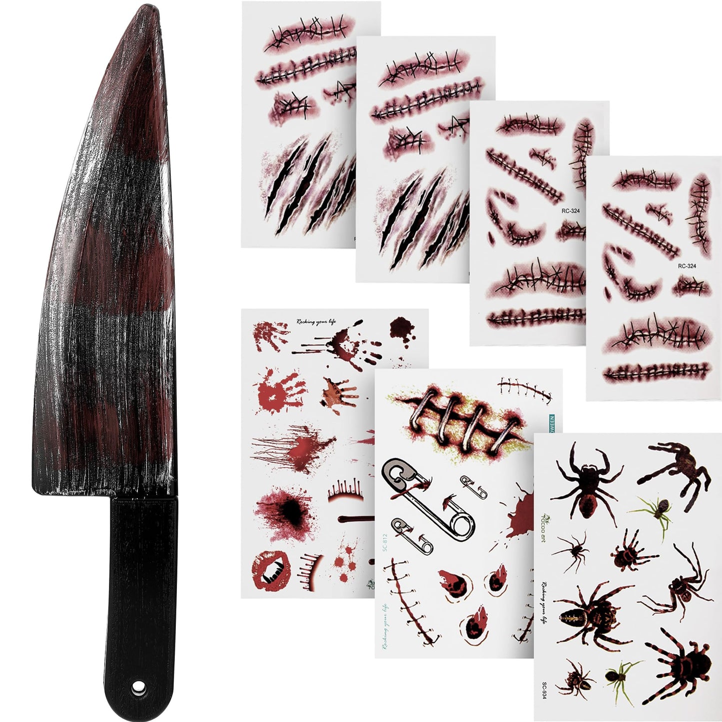 7 Halloween Sheets Scar Tattoo Stickers with Halloween Fake Knife for Halloween Party Costume