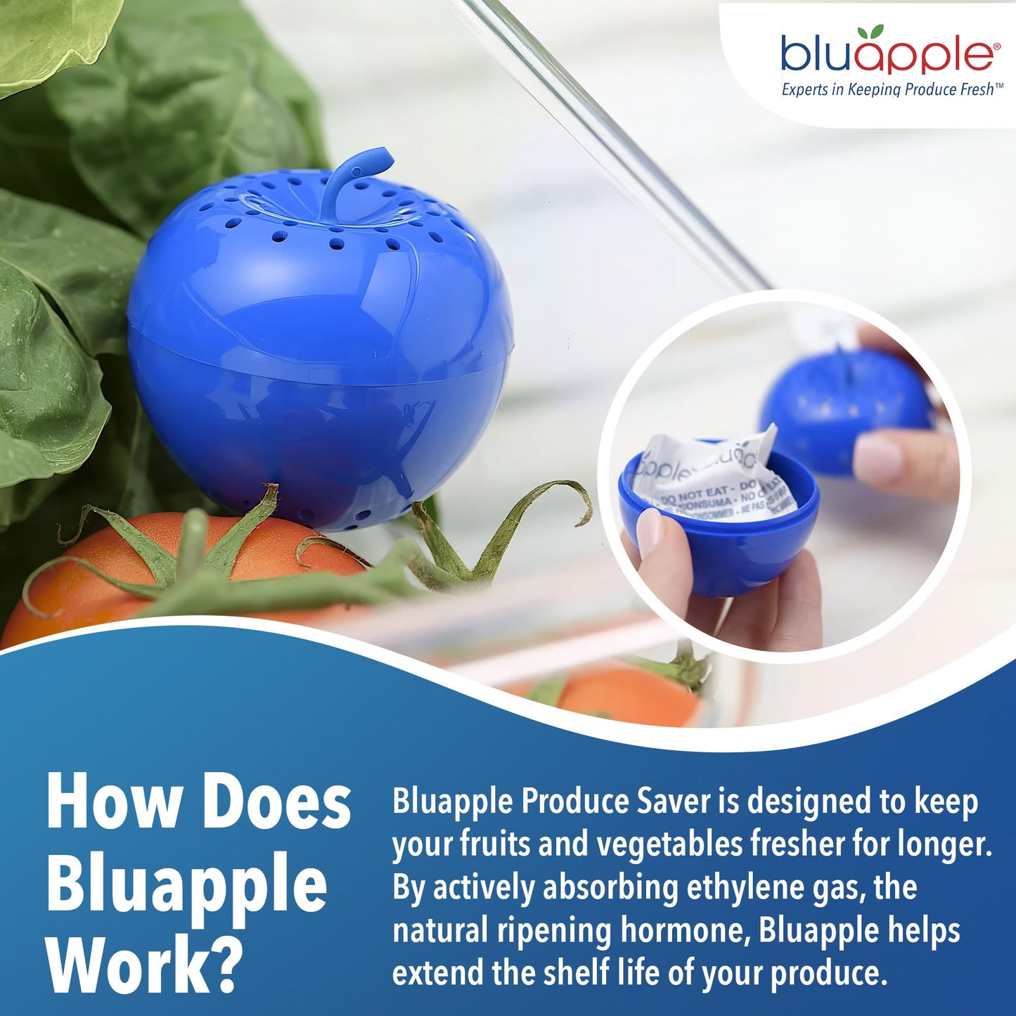 Bluapple Produce Saver Ethylene Gas Absorber 2-Pack - Keeps Fruits & Vegetables Fresh Longer in Refrigerator Crisper, Shelves, & Fruit Bowls, Lasts up to 3 Months, Produce Storage, BPA Free, USA Made