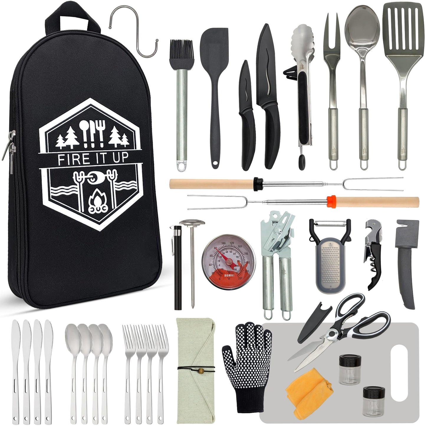 BOMKI Grilling & Camping Cooking Utensils - BBQ & Camping Kitchen Set - Cookware Accessories - Black Pro