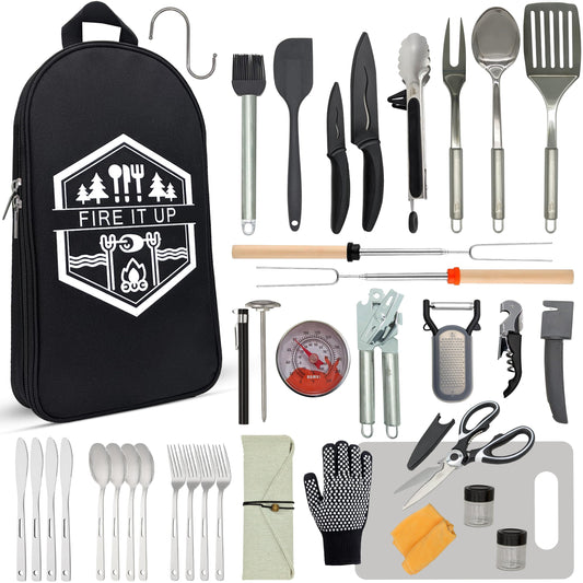 BOMKI Grilling & Camping Cooking Utensils - BBQ & Camping Kitchen Set - Cookware Accessories - Black Pro