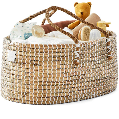 BEBE BASK Premium Baby Diaper Caddy Organizer - Handmade - Seagrass Basket With Cotton Divider - Award-Winning & Luxury Diaper Caddy Basket - White (NATURAL)