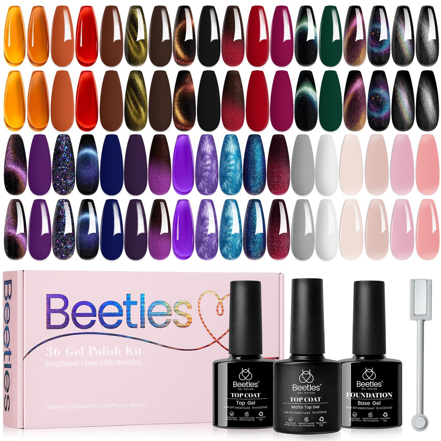 Beetles Cat Eye Gel Nail Polish 39 Pcs Jelly Nail Set Glitter Changing Nail Polish Kit Treasure Box Collection with 3Pcs Base Matte and Glossy Top Soak Off UV Halloween Nails