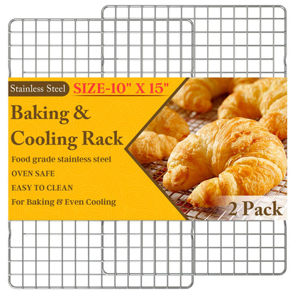2PCS Cooling Racks for Cooking and Baking - 10" x 15"Heavy Duty Stainless Steel Wire Rack for Baking, Grilling, Roasting - Oven & Dishwasher Safe - Fits Jelly Roll Sheet Pan-Silver