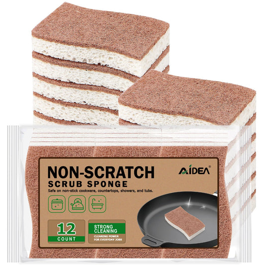 AIDEA Sponges Non Scratch, 12Count, Natural Sponge for Non Stick Cookware, Sponges Kitchen, Cellulose Scrub Sponge for Dishes, Cleaning Power for Kitchen, Bathroom, Household