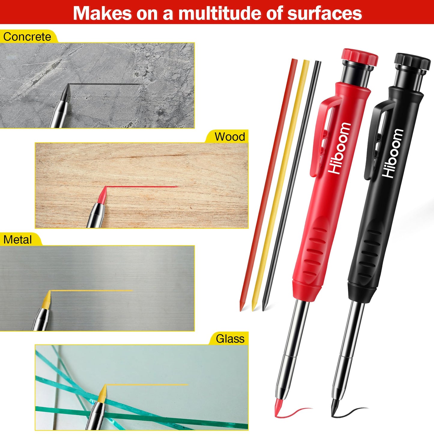 Hiboom 2 Pack Solid Carpenter Pencil with 14 Refill, Long Nosed Deep Hole Mechanical Pencil Marker with Built-in Sharpener for Carpenter Woodworking Architect with Design Patent (Black, Red)