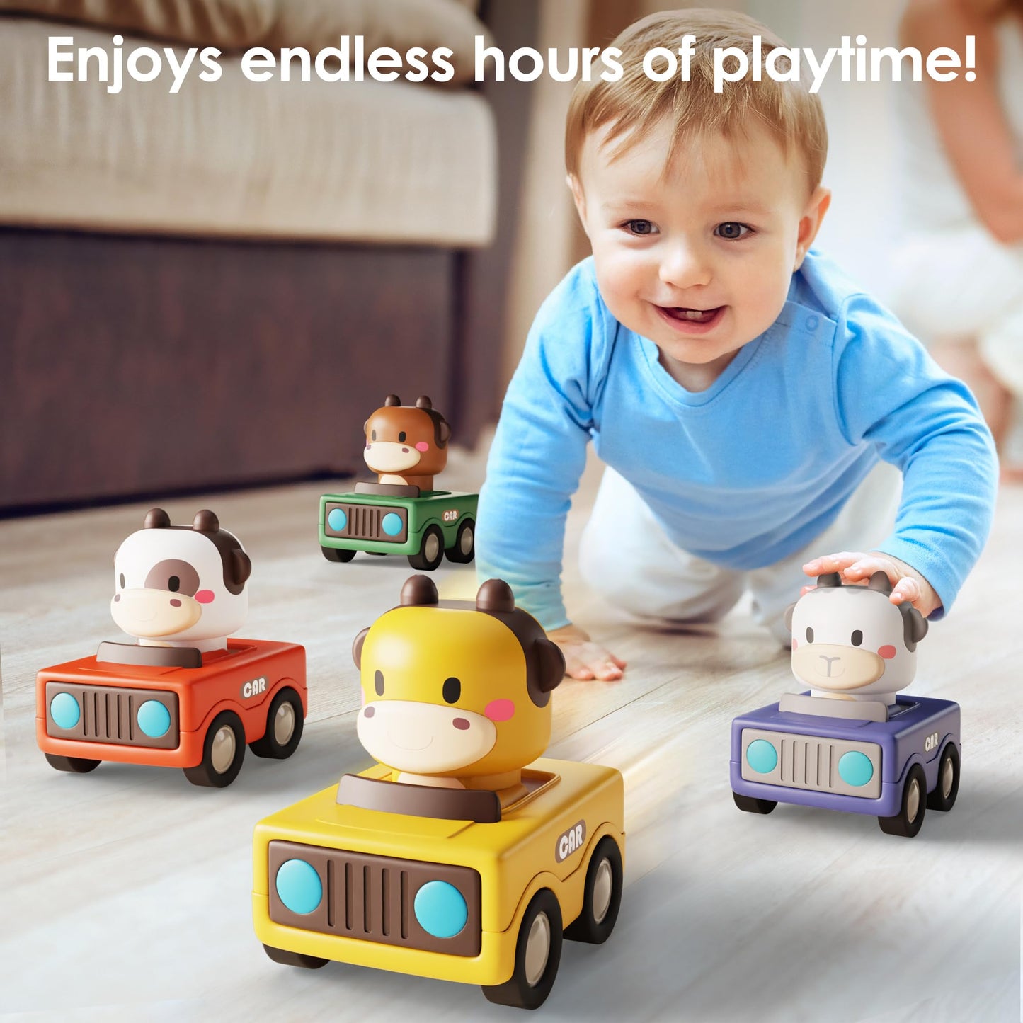 iPlay, iLearn Press to Go Car Toys for Toddlers 1-3, Baby Animal Racing Cars, Infant Play Vehicle Set, Baby Push Go Friction Car Toys for 6-9-12-18 Months, 1st Birthday Gifts for 1-2 Years Old Boys