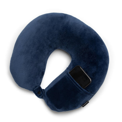 Brookstone Microbead Travel Head and Neck Pillow Lightweight and Plush with Phone or Headphone Pocket, Blue