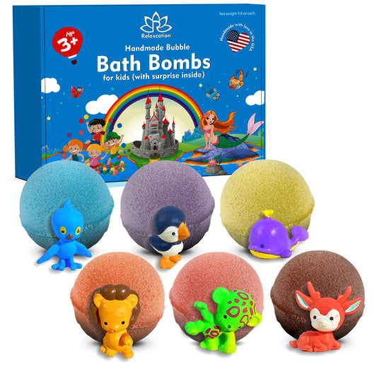 Bath Bombs for Kids Set with Toys Surprise Inside Cute Funny Animals - Organic & Natural Bath Bombs for Boys and Girls - Kid Safe Bubble - Handmade in USA