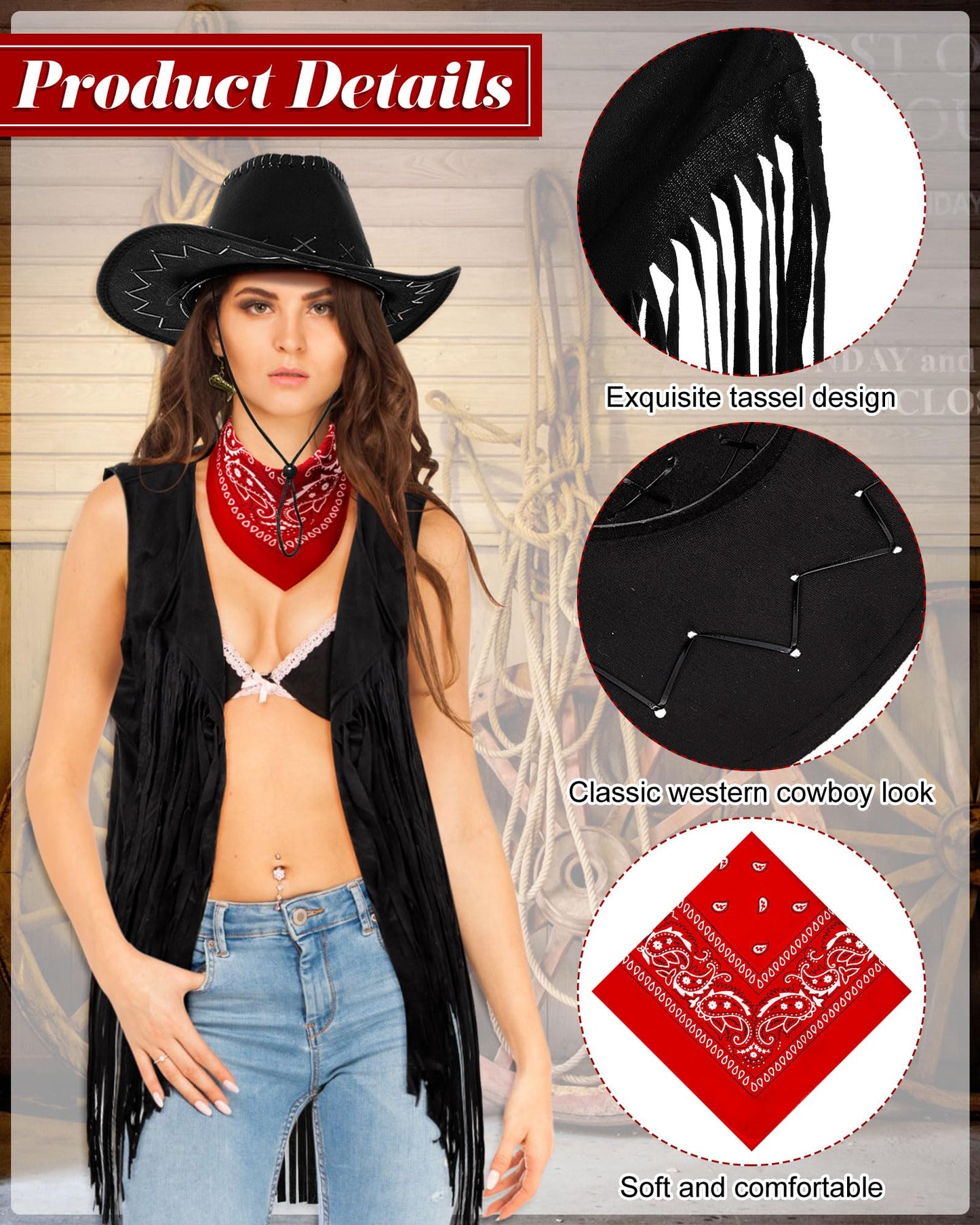 Xtinmee 4 Pcs Halloween Western Cowgirl Outfits Set Women Tassel Vest Cowboy Hat Dangle Drop Earring Paisley Bandana Dress up(3XL,Black)