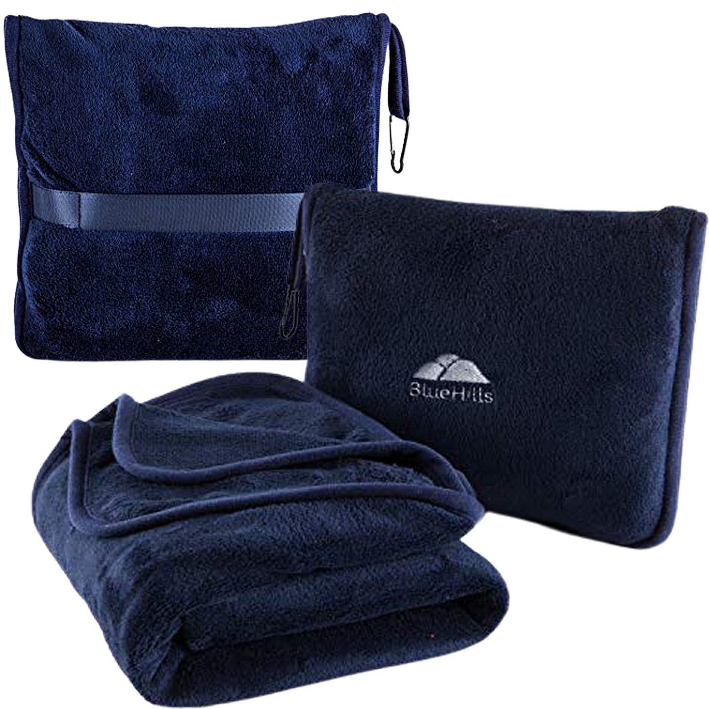 BlueHills Premium Soft Travel Blanket Pillow Airplane Blanket Packed in Soft Bag Pillowcase with Hand Luggage Belt Compact Pack Large Long Flight Essentials Portable Navy Blue T002