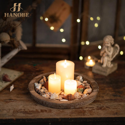 Hanobe Candle Plate Holder Tray: Round Wooden Decorative Candle Plate Small Farmhouse Table Centerpiece Rustic Wood Tealight Pillar Trays for Christmas Wedding Halloween Home Decor