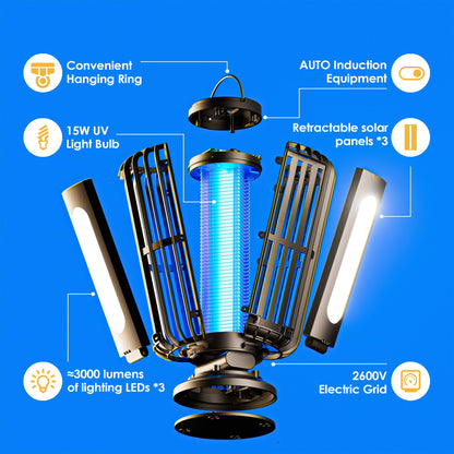 Bug Zapper, Solar Bug Zapper with 3 Solar Charging Panels, IP65 Waterproof Mosquito Zapper, 4200V Mosquito Zapper with LED Light, Outdoor Indoor AUTO ON/Off