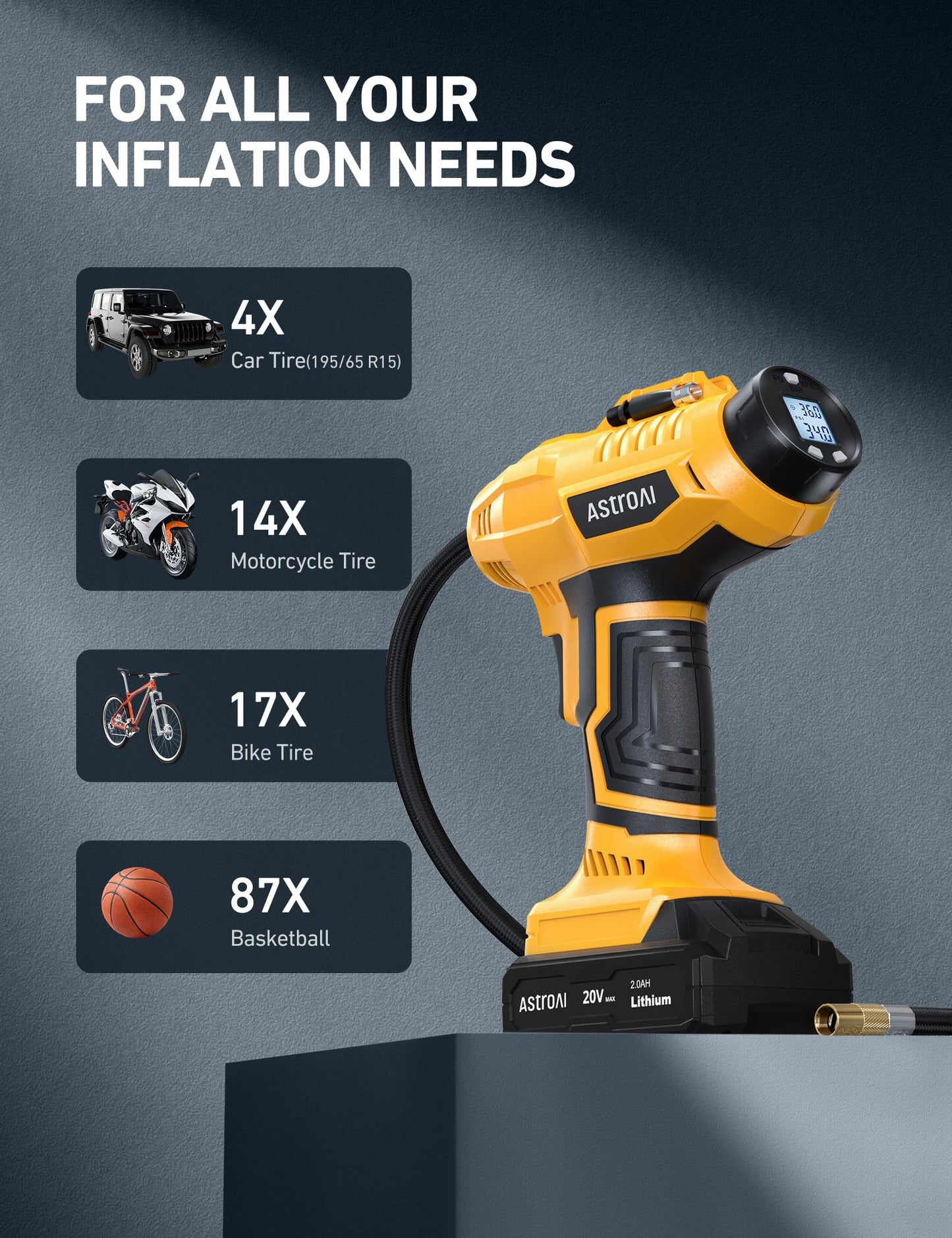 AstroAI Cordless Tire Inflator Air Compressor 20V Rechargeable Battery Powered 160PSI Portable Air Pump with 12V Car Power Adapter Digital Pressure Gauge for Cars Motorcycles JY16P160-18（C2）Yellow