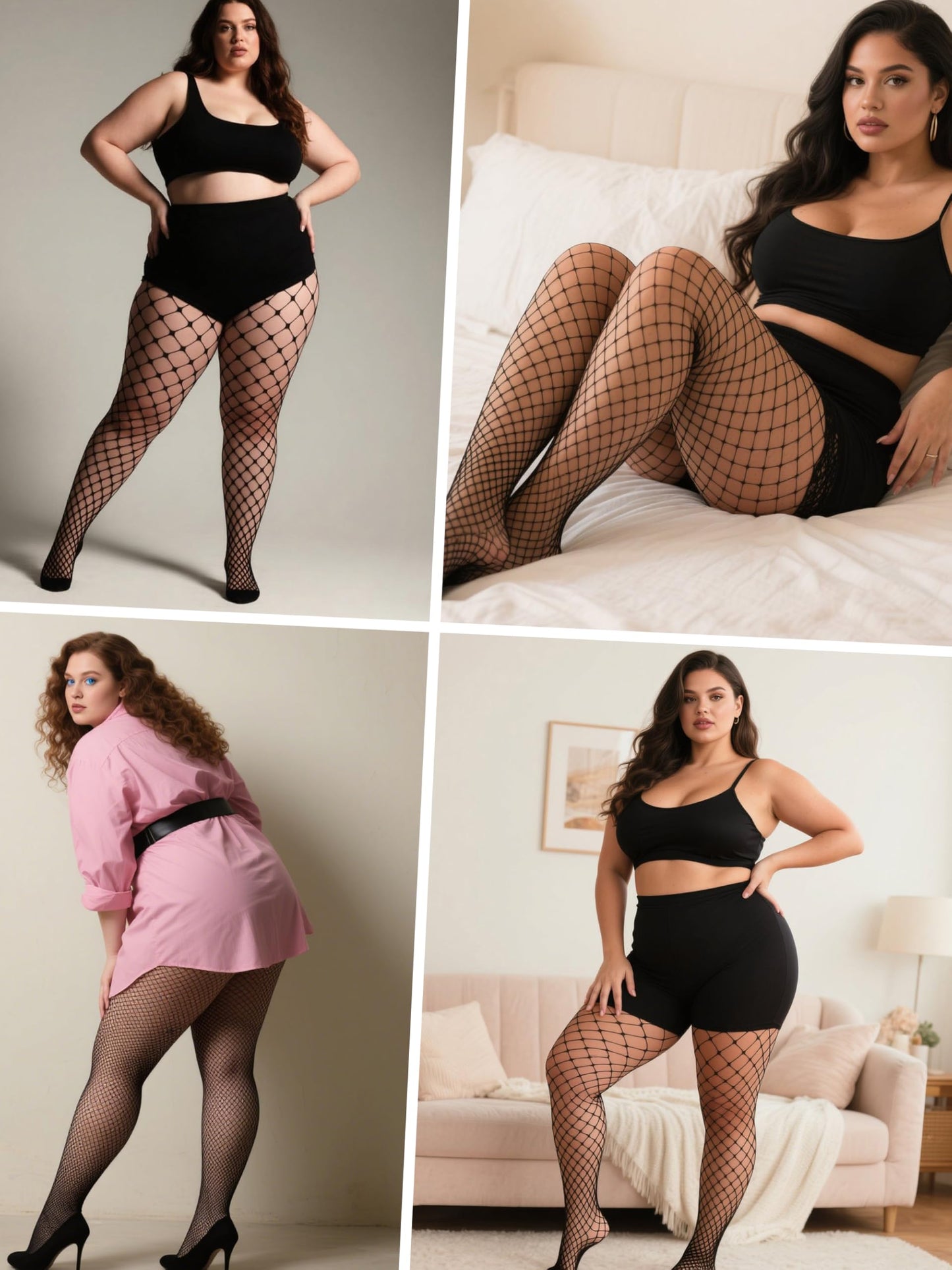 Aneco 4 Pairs Plus Size Fishnets Tights Sexy Black Fishnet Pantyhose Stockings Cross Mesh Tights Thigh High Stockings