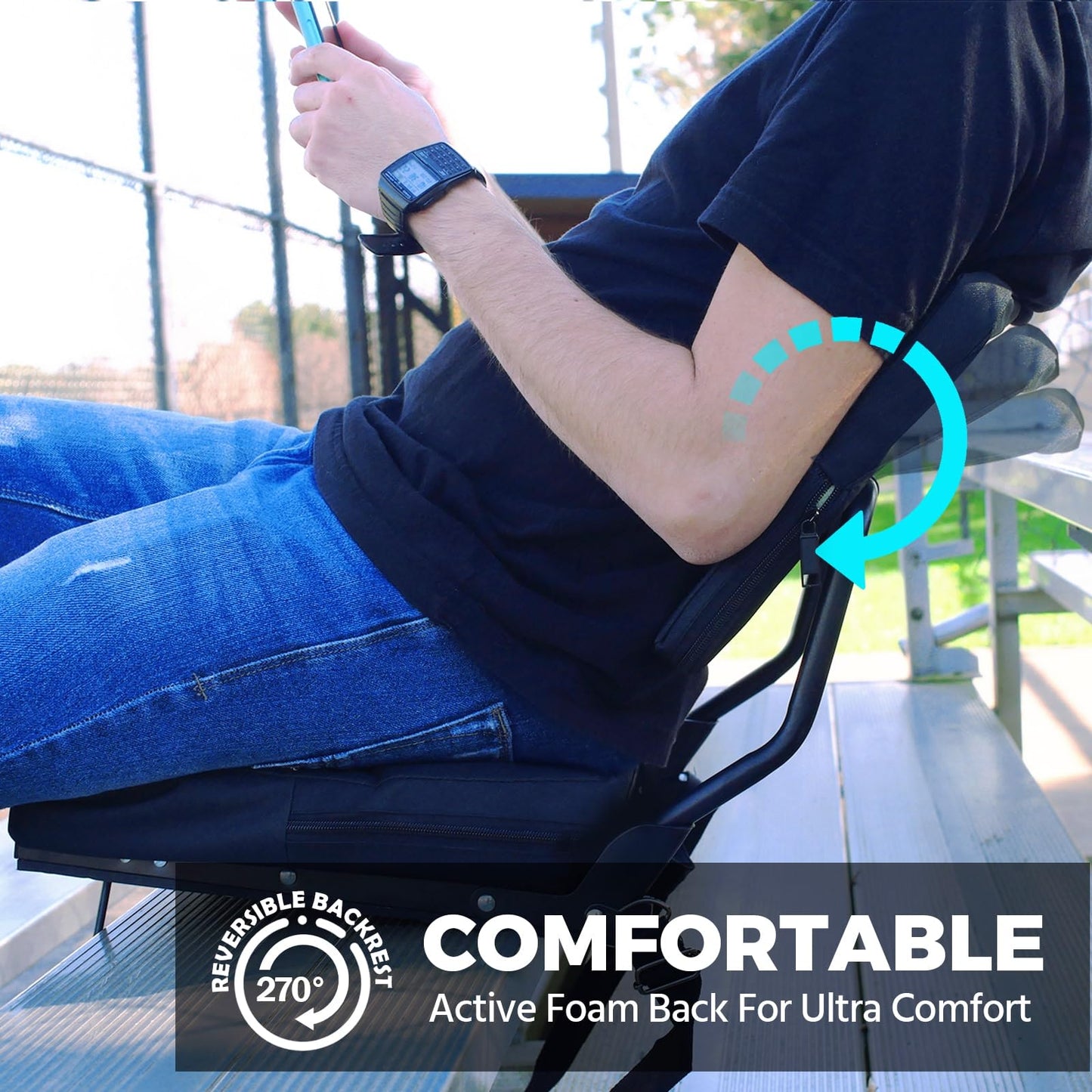 HUTMANG Chair - Stadium Seat with Back Support, Padded Foam Backs, 330LBS Weight Support, Portable, Foldable, Black