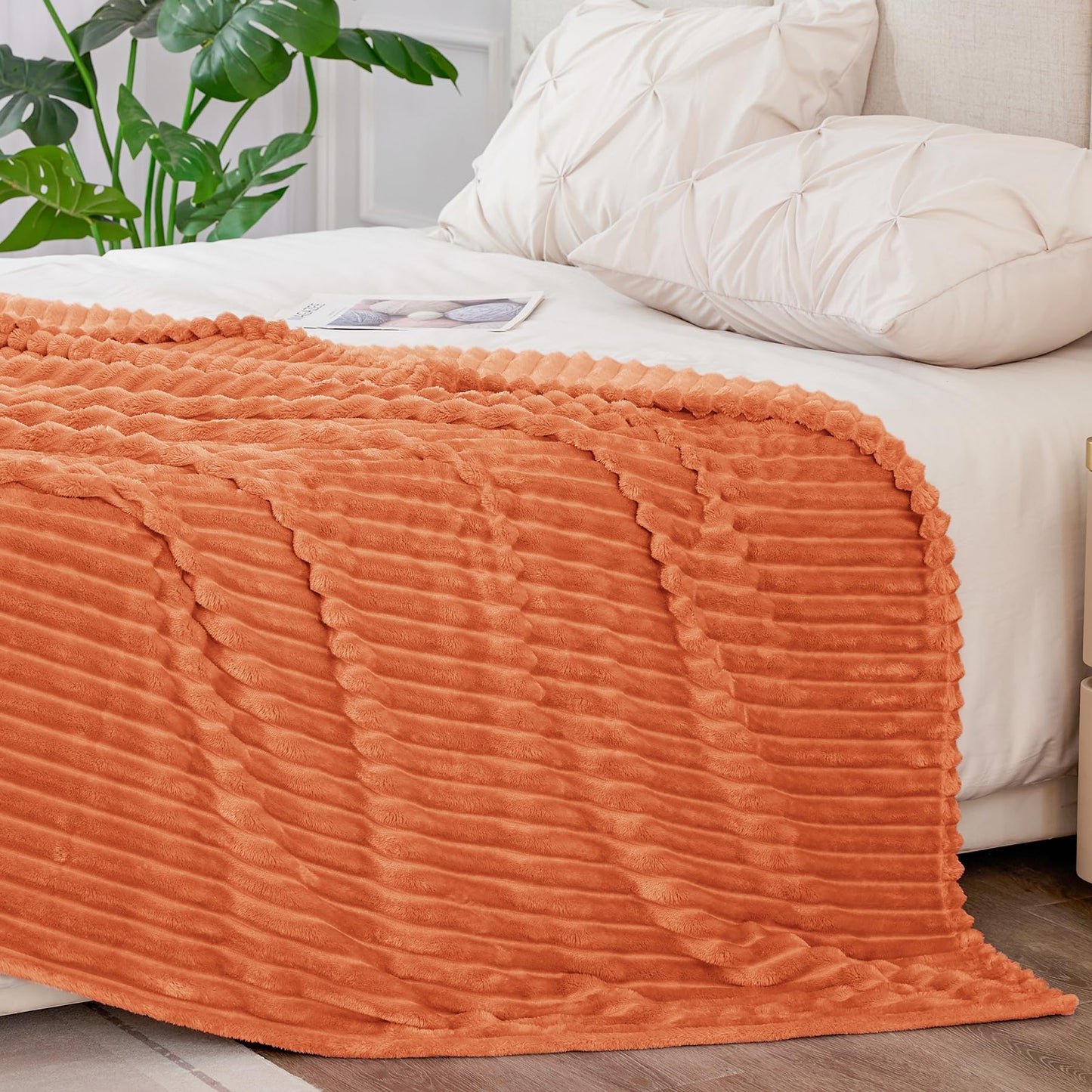 BEDELITE Fleece Blanket Queen Size, 3D Ribbed Jacquard Soft & Warm Decorative Blankets – Cozy, Fuzzy, Fluffy, Plush Lightweight Throw Blankets for Couch, Bed, Sofa(Orange, 90x90 inches)