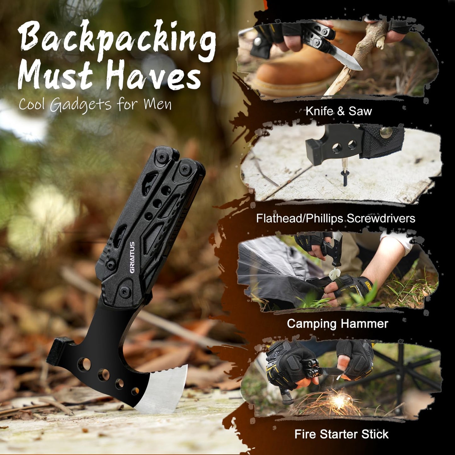 Camping Essentials 16 in 1 Multitool Camping Gear Gifts for Men Dad Multi Tool Survival Gear with Axe Hammer Pliers Saw Screwdrivers Bottle Opener Whistle with Sheath for Hiking Fishing