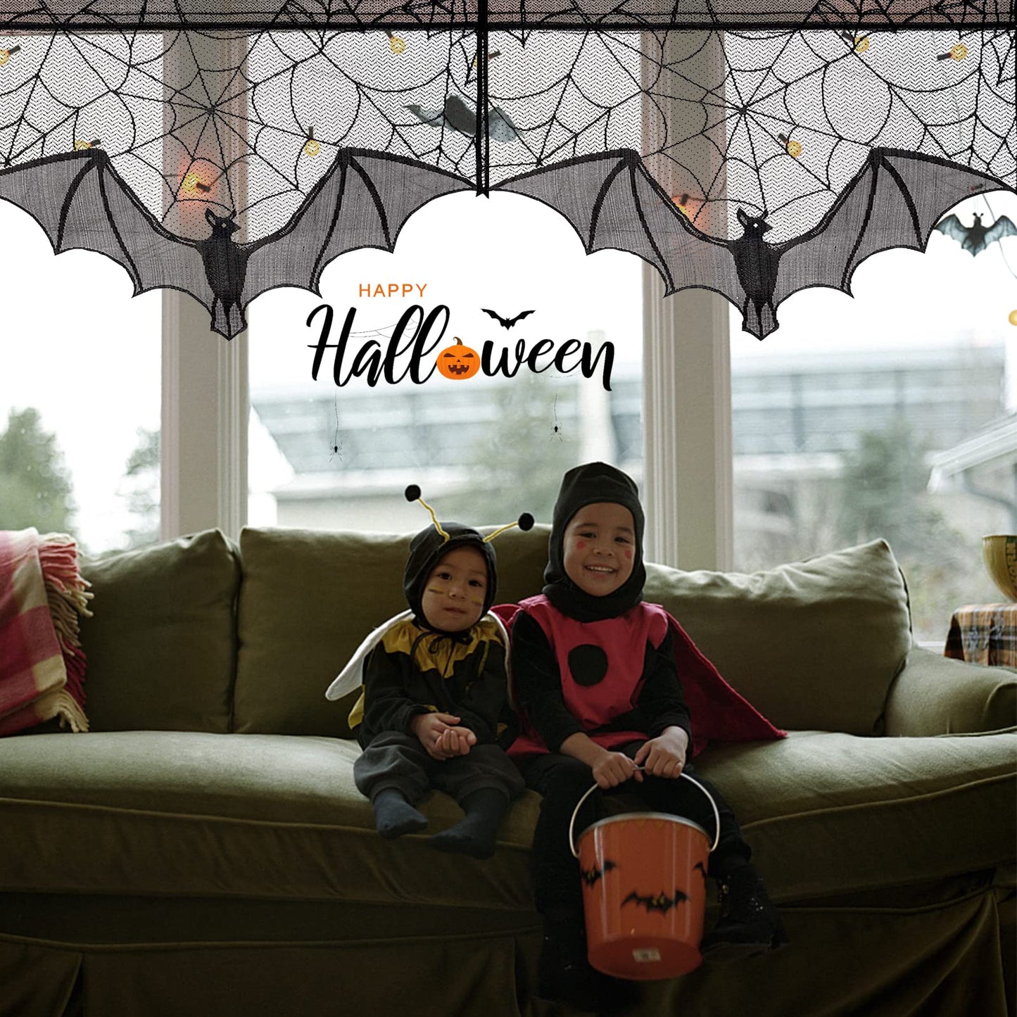 ANPHSIN Halloween Black Lace Spiderweb- 2 Pcs Bat Curtain Window Valance Cobweb Tablecloth Shower Curtains Fireplace Mantles Scarf Cover for Home Door Kitchen Bathroom Festive Party Decorations