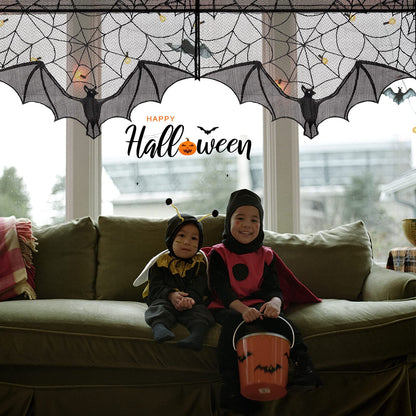 ANPHSIN Halloween Black Lace Spiderweb- 2 Pcs Bat Curtain Window Valance Cobweb Tablecloth Shower Curtains Fireplace Mantles Scarf Cover for Home Door Kitchen Bathroom Festive Party Decorations